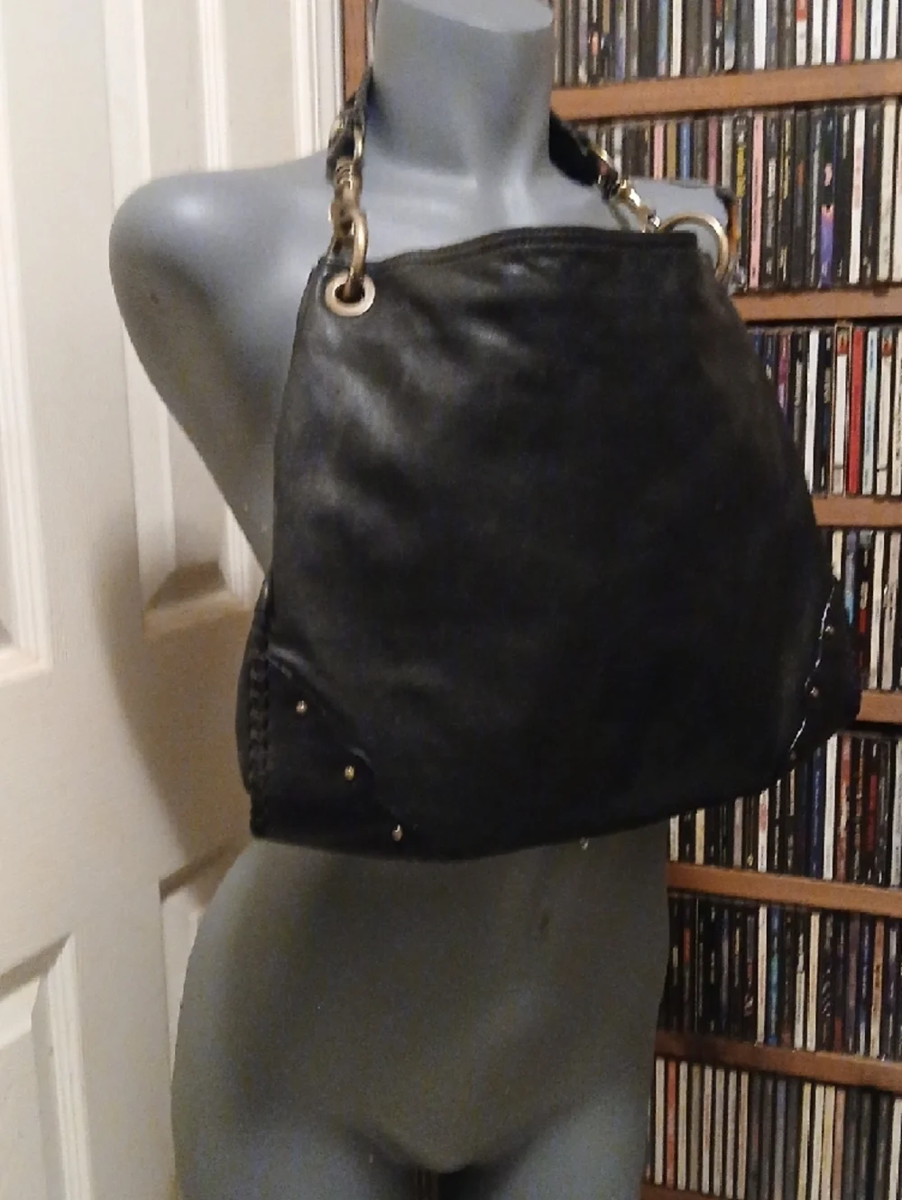 Gianni‎ Chiarini,Soft Black Leather Hobo with Brass Ring Details. Med. Sz.